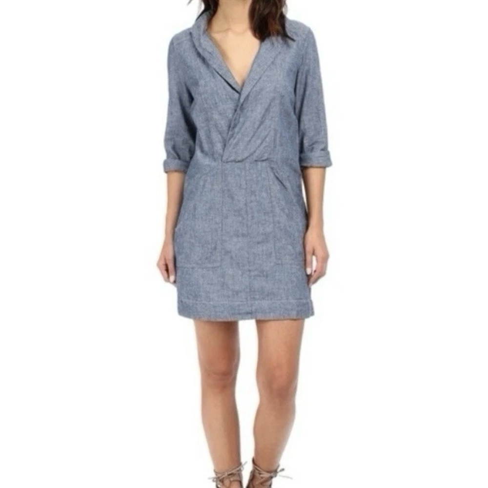 Free People Done Up‎ in Denim Dress Size Large Linen Blend Surplice Neckline
